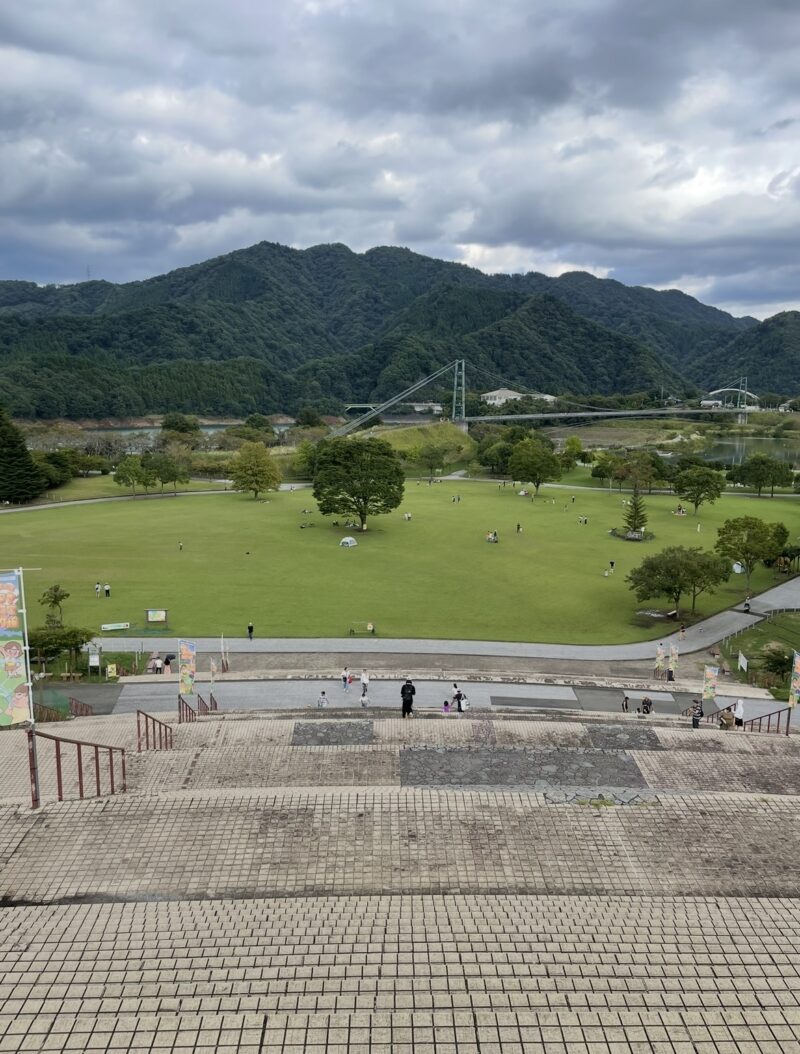 山と草原の景色を階段の上から見下ろしている